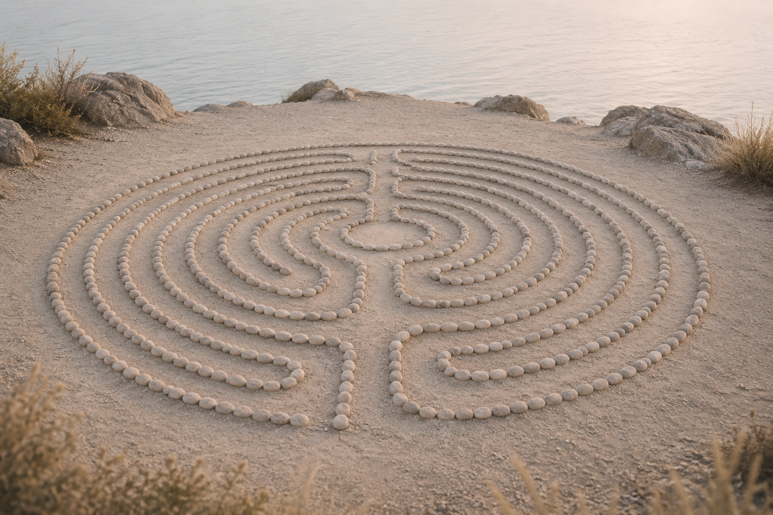 Labyrinth im Sand als Symbol für lösungsfokussierte Therapie