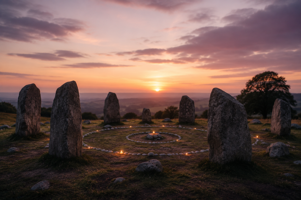 Steinkreis bei Sonnenuntergang als Symbol für Zirkel und gemeinsame Rituale