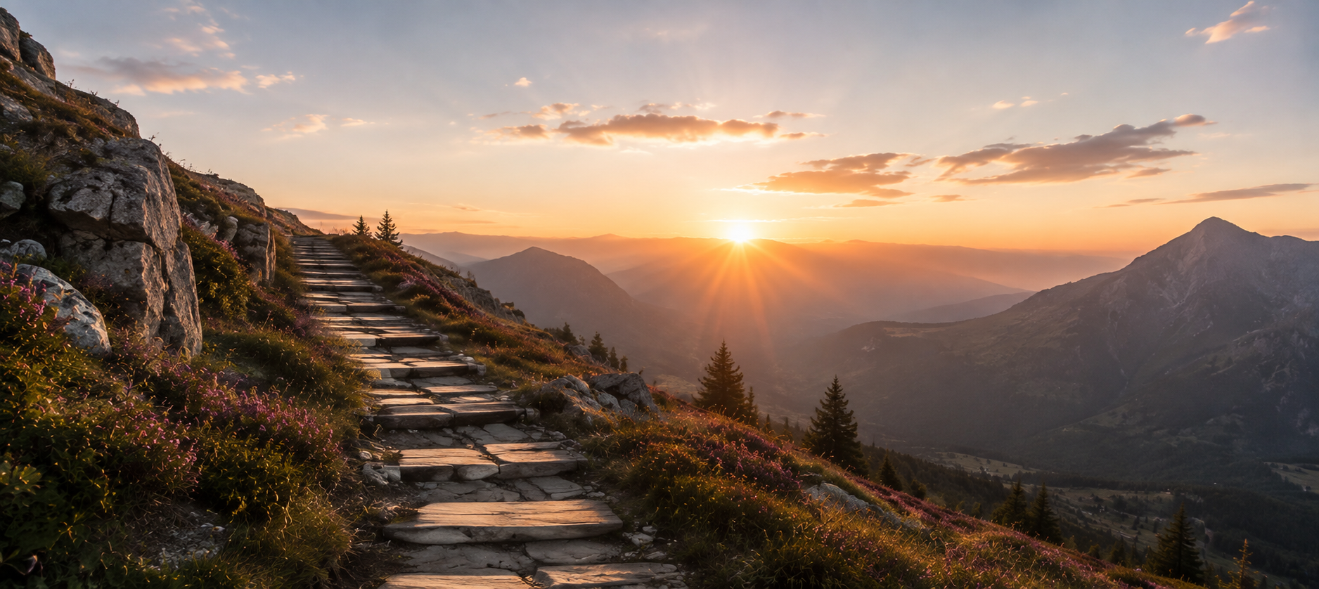 Berglandschaft bei Sonnenaufgang als Symbol für neue Wege und innere Balance
