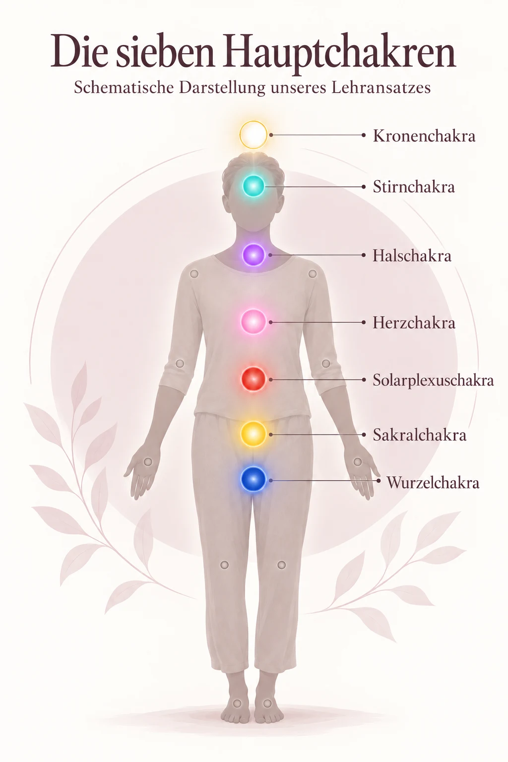 Was sind Chakren? Schematische Darstellung der sieben Hauptchakren mit unserer Farbzuordnung und dezent angedeuteten weiteren Zentren.