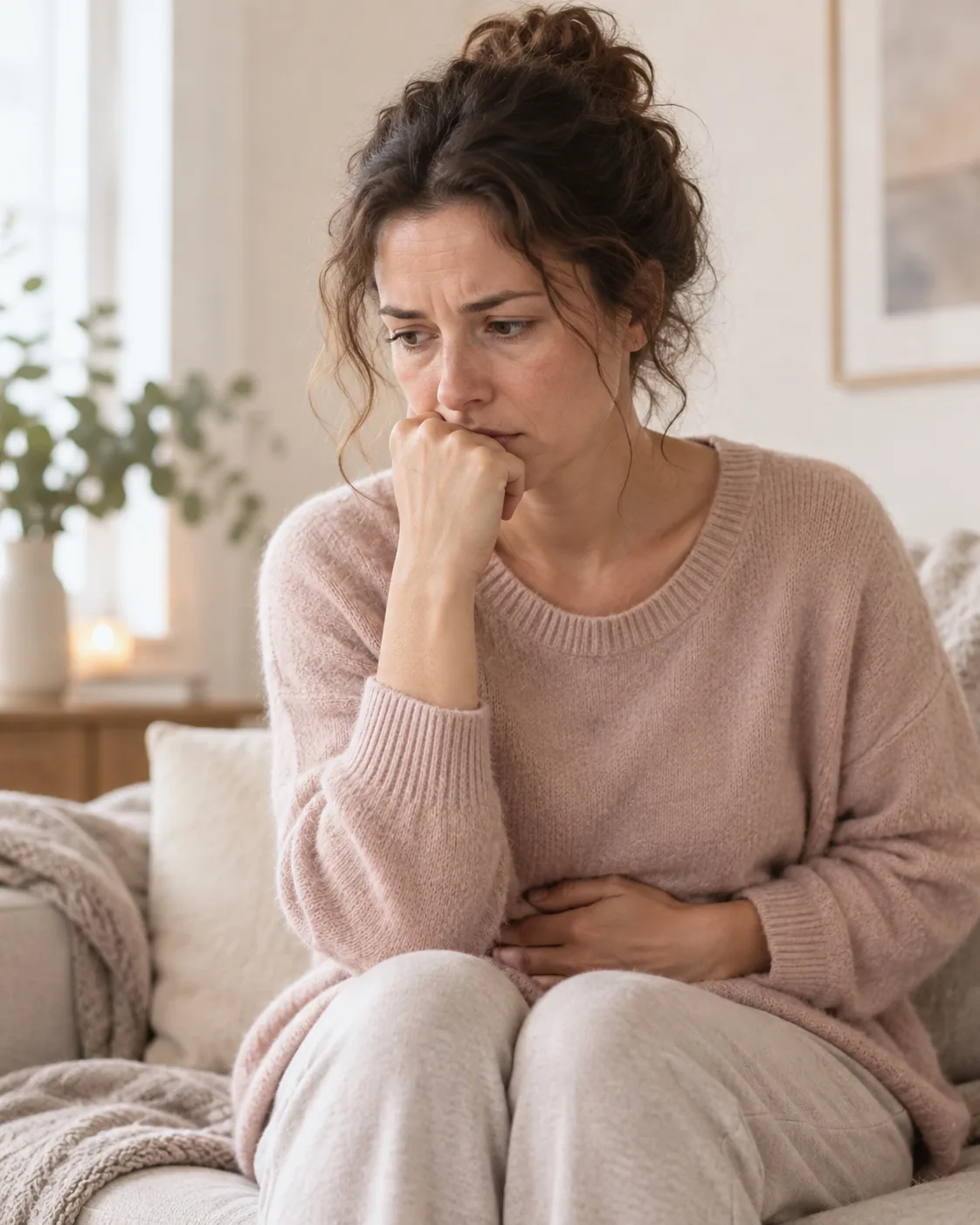 Frau mit Emetophobie und Angst vor Erbrechen sitzt angespannt auf dem Sofa