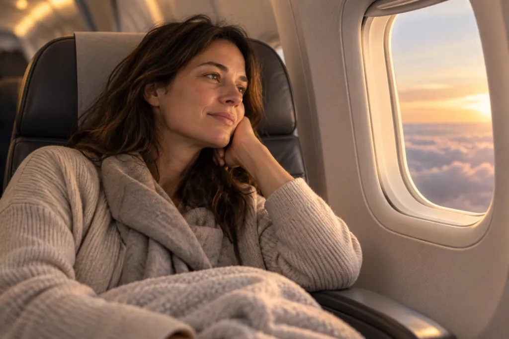 Frau sitzt entspannt im Flugzeug und blickt aus dem Fenster