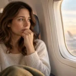 Frau sitzt angespannt am Flugzeugfenster