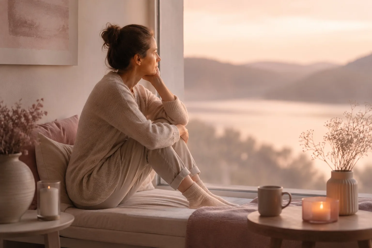 Frau sitzt nachdenklich am Fenster mit Blick auf eine Landschaft