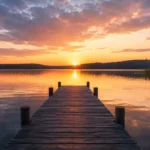 Holzsteg führt auf einen See im Sonnenuntergang