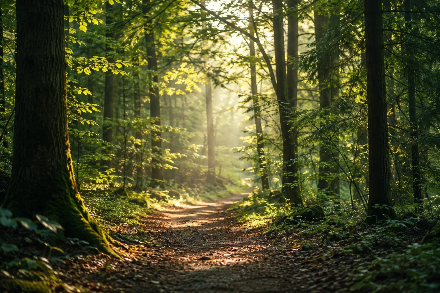 Sonnenlicht fällt auf einen Weg durch einen grünen Wald