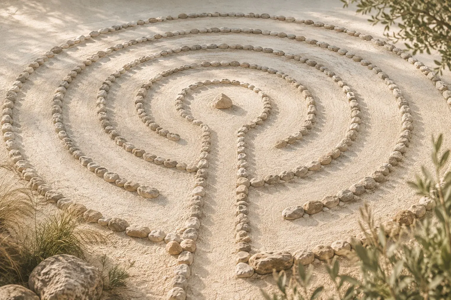 Steinlabyrinth in einer sandigen Landschaft als Symbol für neue Wege