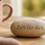 Stein mit der Aufschrift „Zeit für dich“ neben einer Tasse