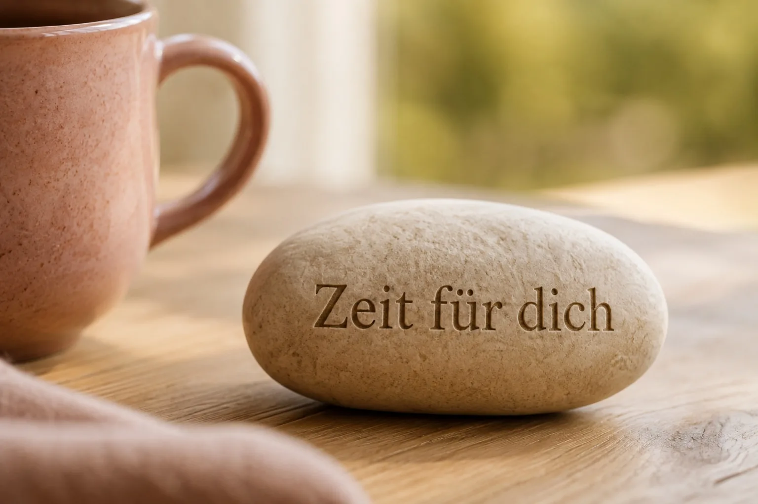 Stein mit der Aufschrift „Zeit für dich“ neben einer Tasse