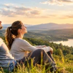 Frau sitzt auf einer Wiese mit Blick auf eine weite Landschaft