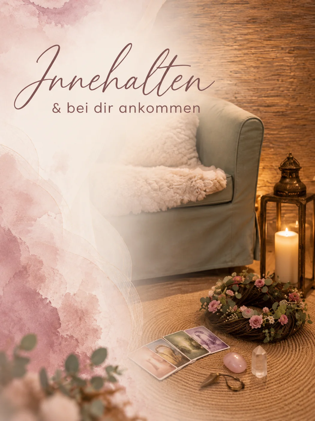 Sessel mit Kerzenlaterne und der Schrift Innehalten und bei dir ankommen