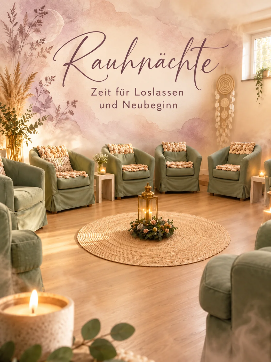 Rauhnacht-Zeremonie: Stuhlkreis mit Kerzenlicht und der Schrift Rauhnächte – Zeit für Loslassen und Neubeginn
