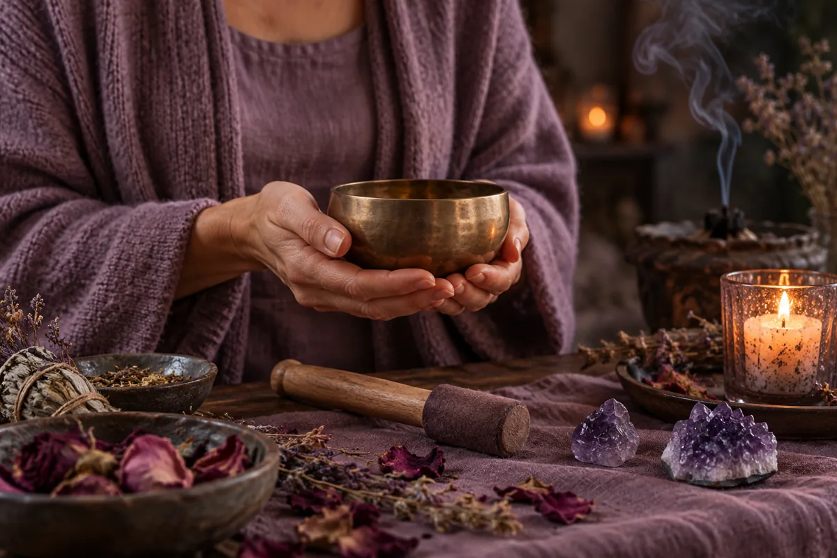Hände halten eine Klangschale bei einem Rauhnächte-Ritual