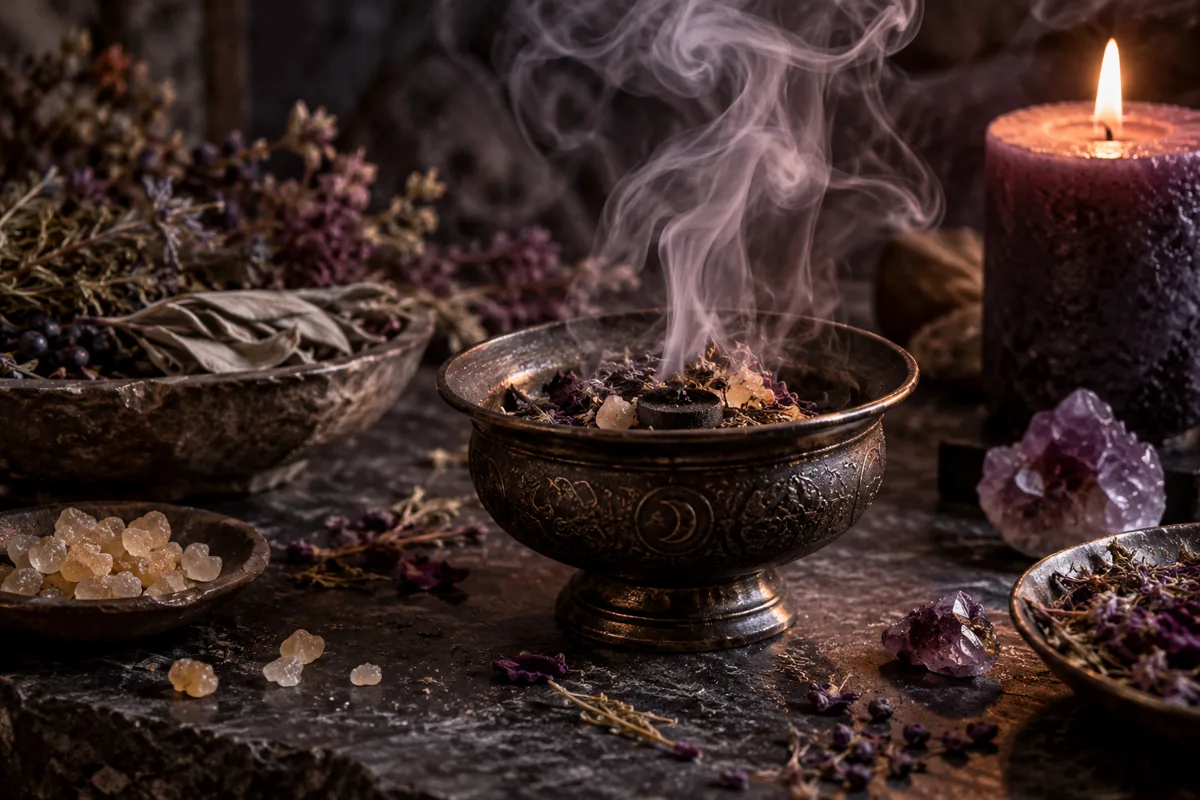 Räucherritual mit Kräutern, Rauch und Amethysten