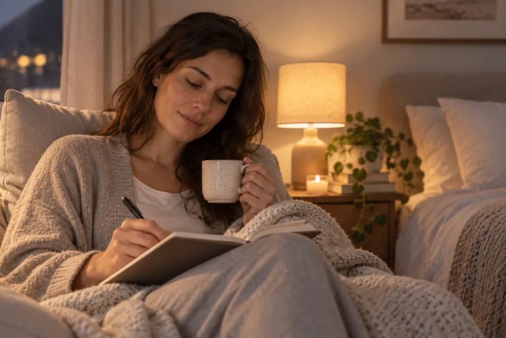 Frau schreibt abends mit einer Tasse in der Hand in ein Notizbuch