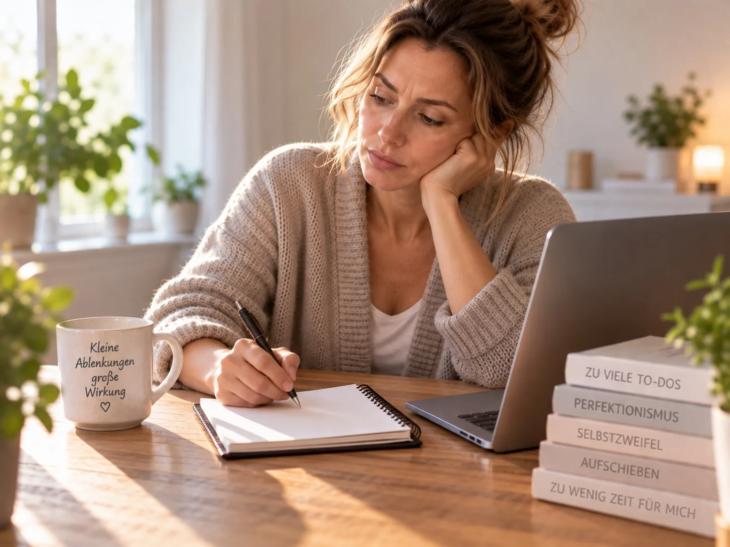 Nachdenkliche Frau am Schreibtisch mit Laptop, Notizbuch und Bücherstapel
