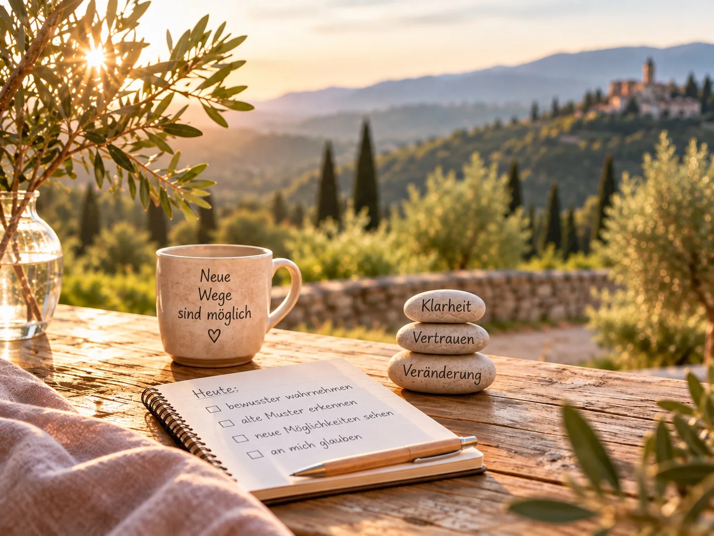 Tasse mit der Aufschrift ‚Neue Wege sind möglich‘, Notizbuch und Steine mit Klarheit, Vertrauen und Veränderung als Symbol für das Erkennen und Verändern alter Muster.