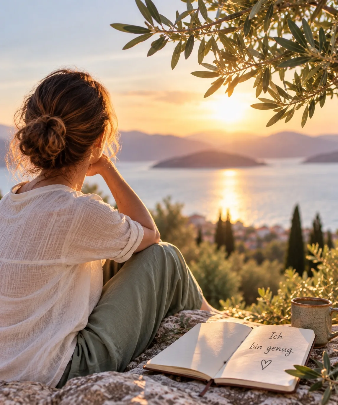 Frau am Meer neben einem Notizbuch mit der Aufschrift „Ich bin genug“
