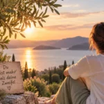 Frau blickt auf einen See und Berge im Abendlicht