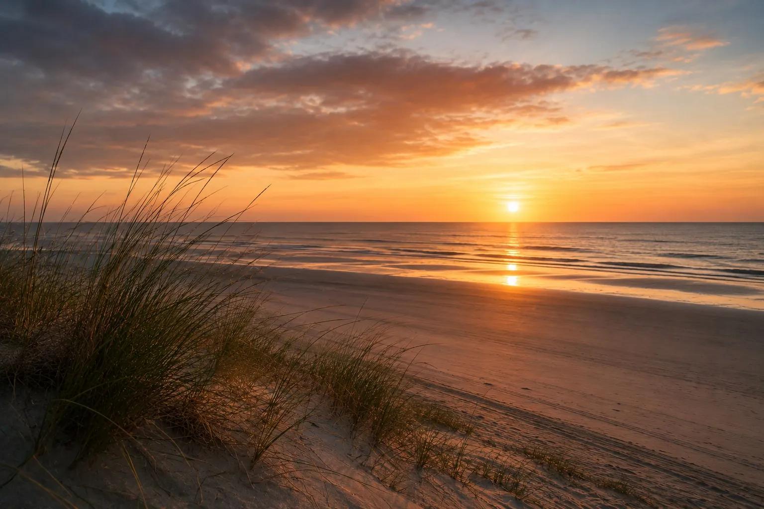 Sonnenuntergang über dem Meer mit Strand und Dünengras