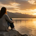 Frau sitzt am See und blickt in die Abendsonne