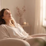 Entspannte Frau im Sessel als Symbol für therapeutische Hypnose