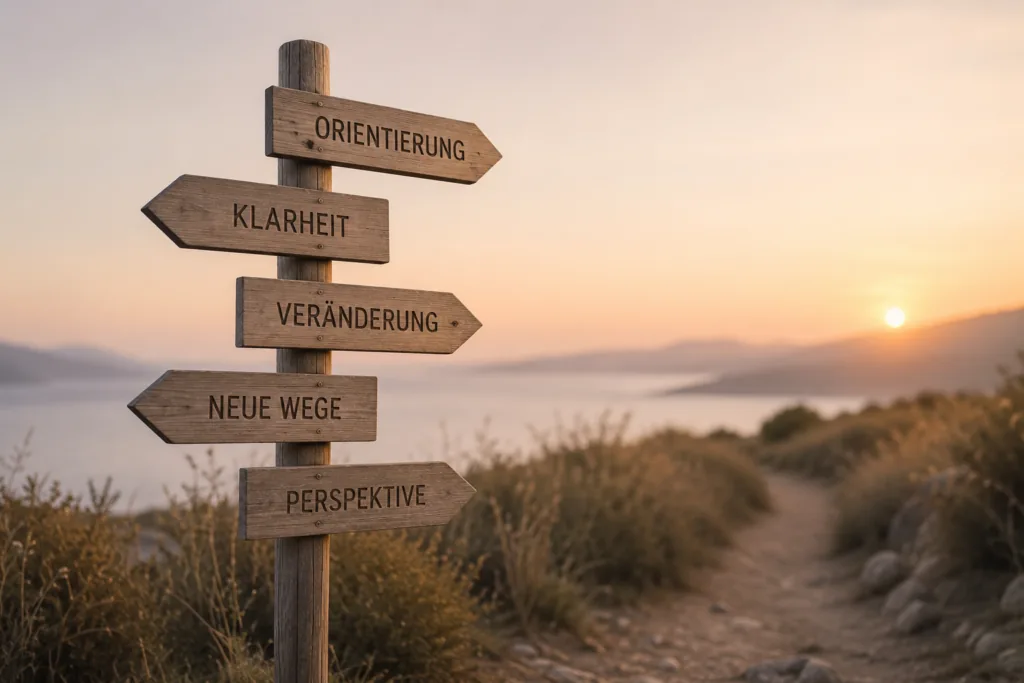Wegweiser mit den Worten Orientierung, Klarheit, Veränderung, neue Wege und Perspektive