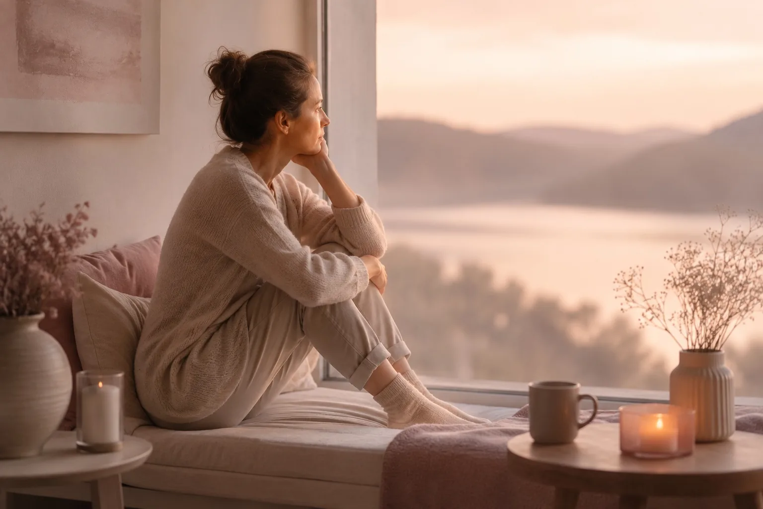 Frau sitzt am Fenster mit Blick auf einen See
